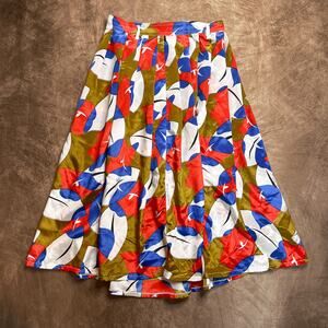 Vintage 60s Multicolor Abstract Floral Satin Midi Skirt Pleated A Line Retro
